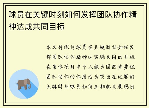 球员在关键时刻如何发挥团队协作精神达成共同目标
